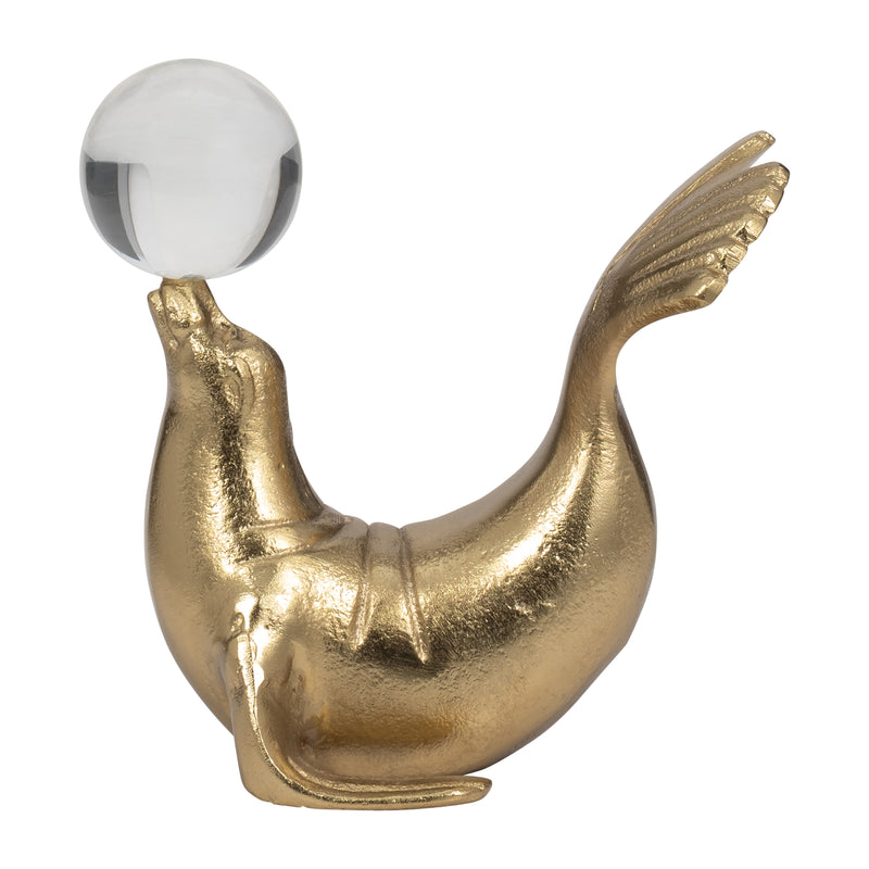 Metal, 7" Sea Lion W/ Acrylic Ball, Gold