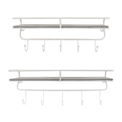 METAL/WOOD 20" 5  HOOK WALL SHELF, WHITE/GRAY