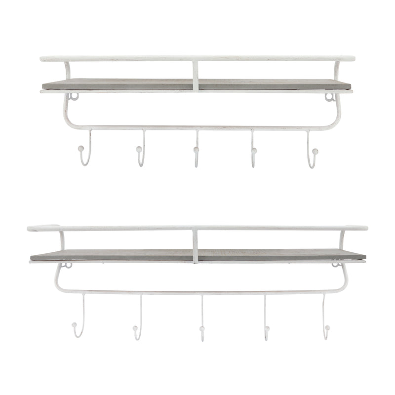 METAL/WOOD 20" 5  HOOK WALL SHELF, WHITE/GRAY