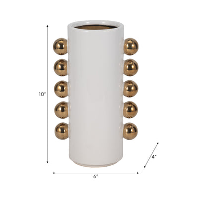 Cer, 10" Vase W/ Side Knobs, White/gold