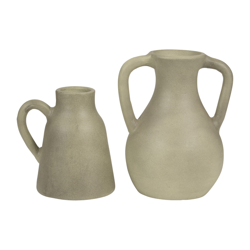 TERRACOTTA, 11" JUG VASE W/ HANDLES, SAGE GREEN