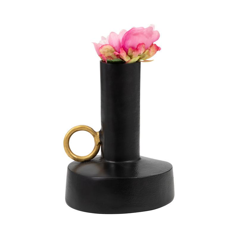 Metal, 7" Vase With Handle, Black/gold