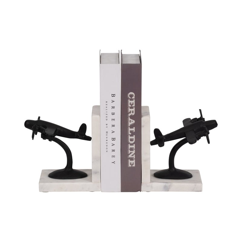 Metal, S/2 6" Airplane Bookends On Marble, Blk/wht