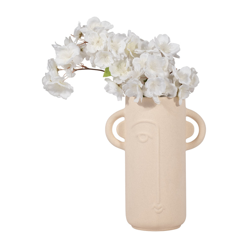 Cer, 10" Face Vase W/ Handles, Ivory