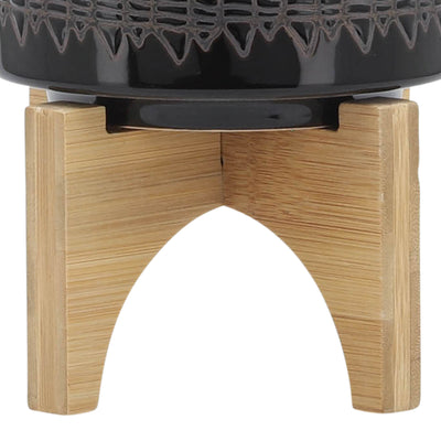 CERAMIC 5" AZTEC PLANTER ON WOODEN STAND, BLACK