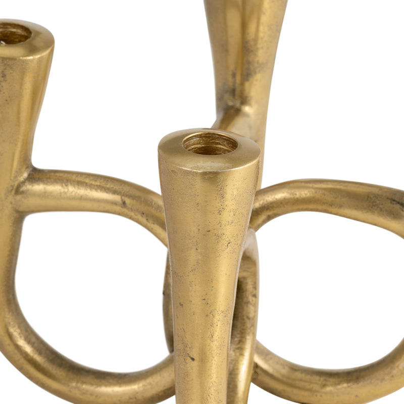 METAL, 7" FRENCH HORN 4-TAPER CANDLEHOLDER, GOLD