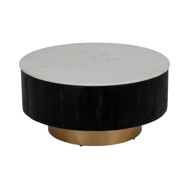 34" Gold Pedestal Coffee Table Marble Top, Wht/blk