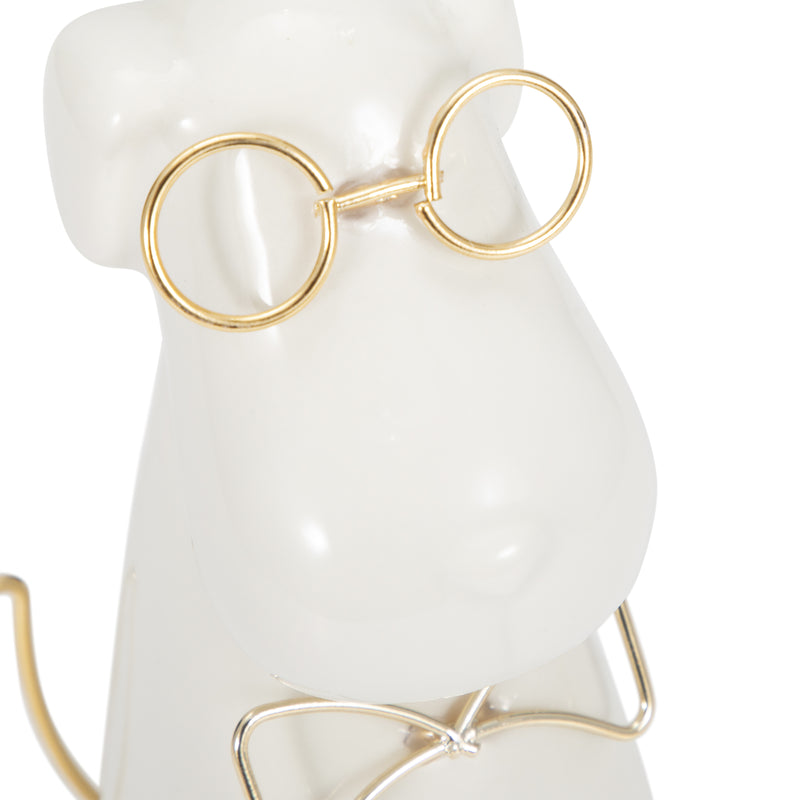 CER 7"H, PUPPY WITH GOLD GLASSES AND BOWTIE, WHT