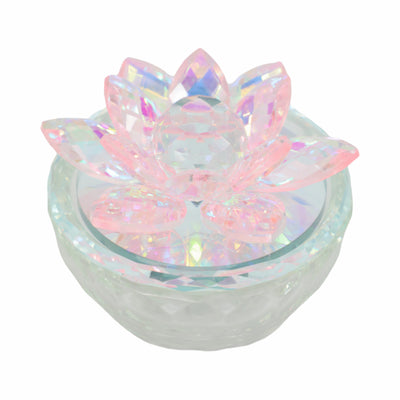 GLASS TRINKET BOX CLEAR W/BLUSH LOTUS TOP