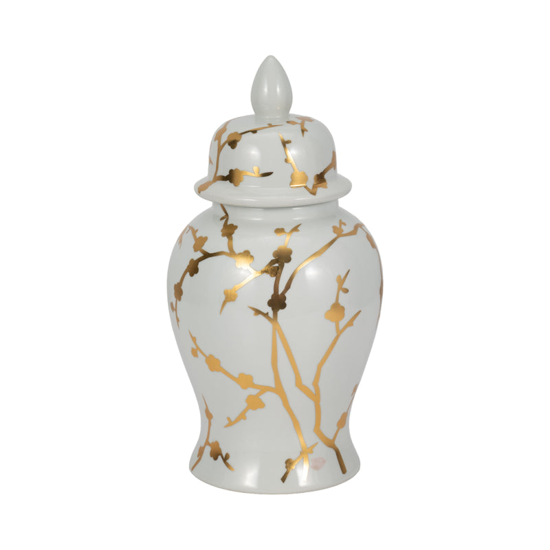 14" Gold Cherry Blossom Temple Jar, White