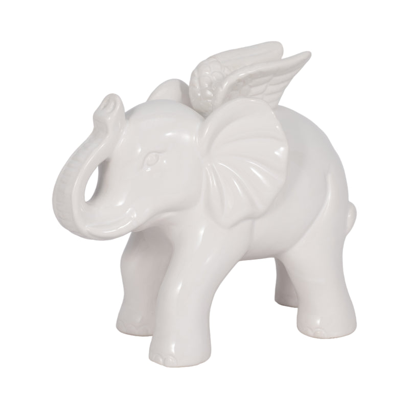 CERAMIC 7" ELEPHANT ANGEL FIGURINE, WHITE