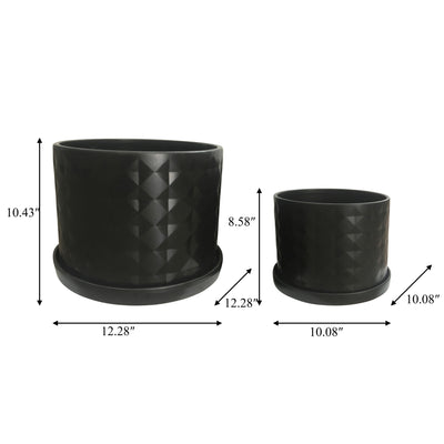 S/2 10/12" DIAMOND PLANTER W/ SAUCER, BLACK