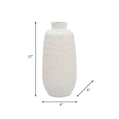 CER, 12"H CARVED VASE, BEIGE