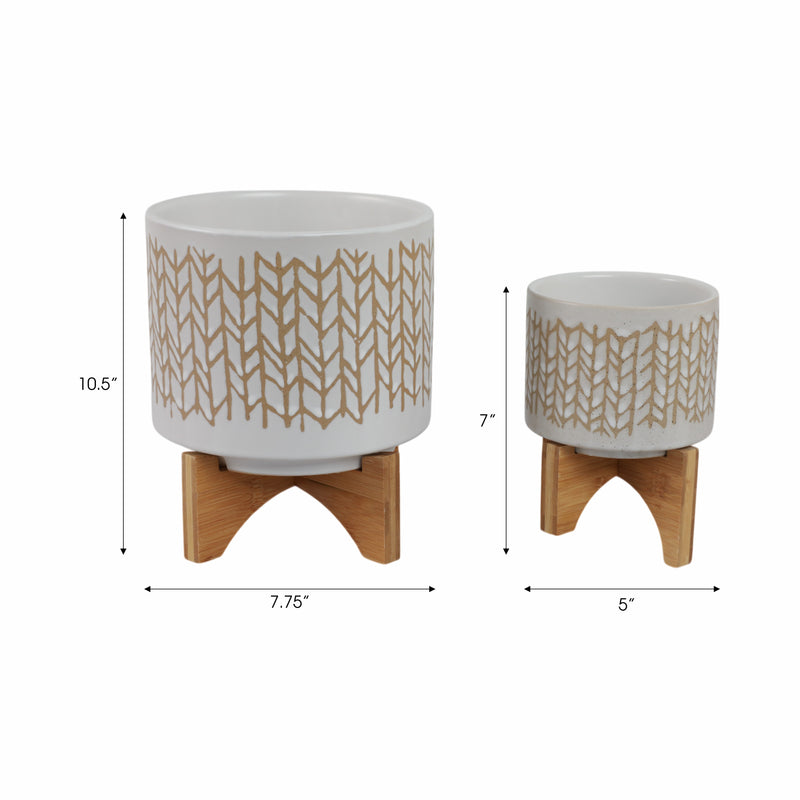 S/2 5/8" CHEVRON PLANTER W/ WOOD STAND, BEIGE