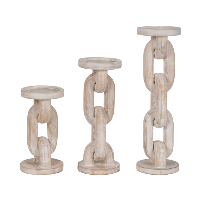 Wood, 8" Chain Pillar Candle Holder, White