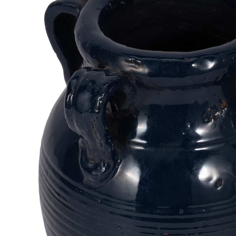 7" Terracotta Vase With Handles, Navy Blue