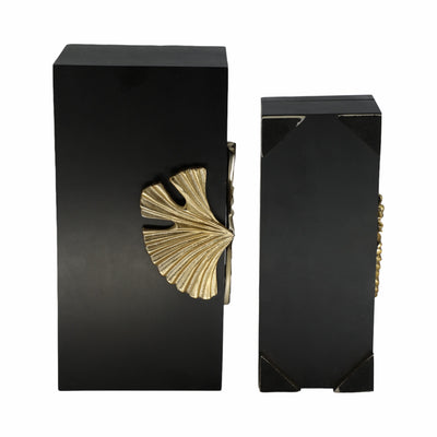 Metal, S/2 12/14" Black Gingko Boxes