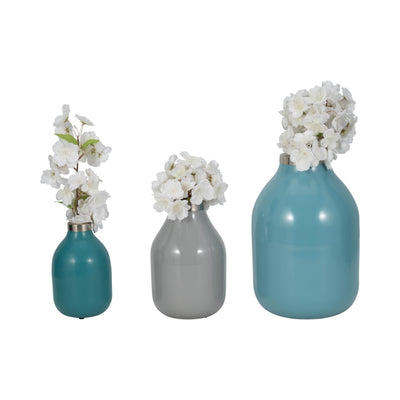 S/3 7/9/12" Jefford Metal Bottle Vases, Blue