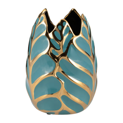 CERAMIC 8"H LEAF VASE, TURQUOISE/GOLD