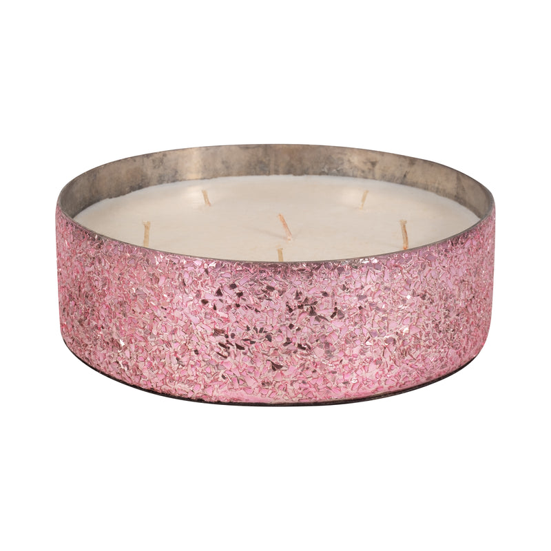 Glass, 8" 49 Oz Crackled Bowl Scented Candle, Pink