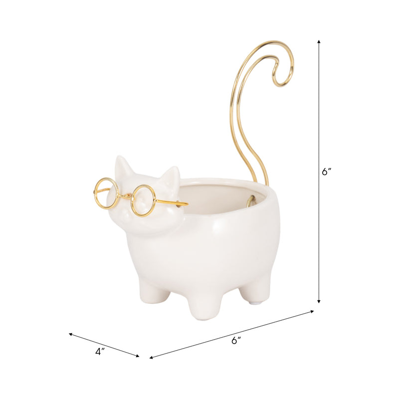 CER, 6" KITTY TRINKET DISH, WHITE/GOLD