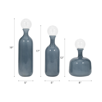 S/3 12/17/19" Jia Blue Lidded Glass Bottles