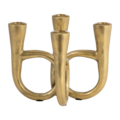 METAL, 7" FRENCH HORN 4-TAPER CANDLEHOLDER, GOLD