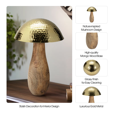 Metal, 16" Mushroom W/ Wood Base, Gold