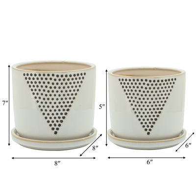 S/2 5/6" TRIANGLE DOTS PLANTER W/ SAUCER, WHITE