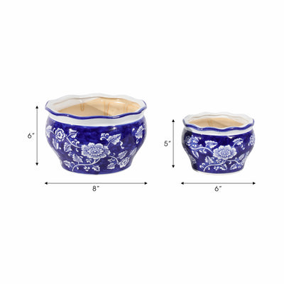 Cer, S/2 6/8" Round Chinoisere Planters, Blue/wht