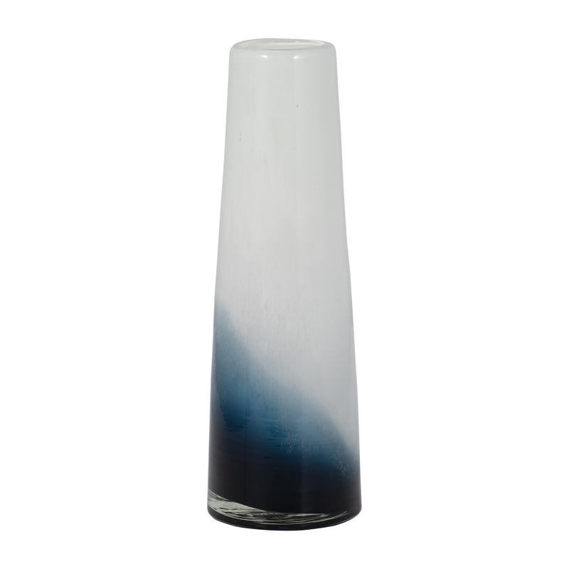 GLASS, 15" BLUE WATERS VASE, BLUE/WHITE