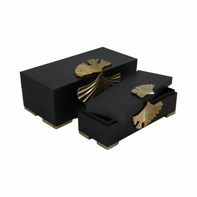 Metal, S/2 12/14" Black Gingko Boxes