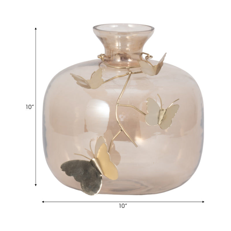 GLASS, 10" VASE W/ BUTTERFLY GARLAND, GOLD