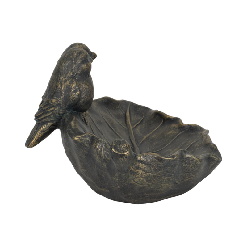 14" 2 Birds Perched On Leaf Birdfeeder, Bronze