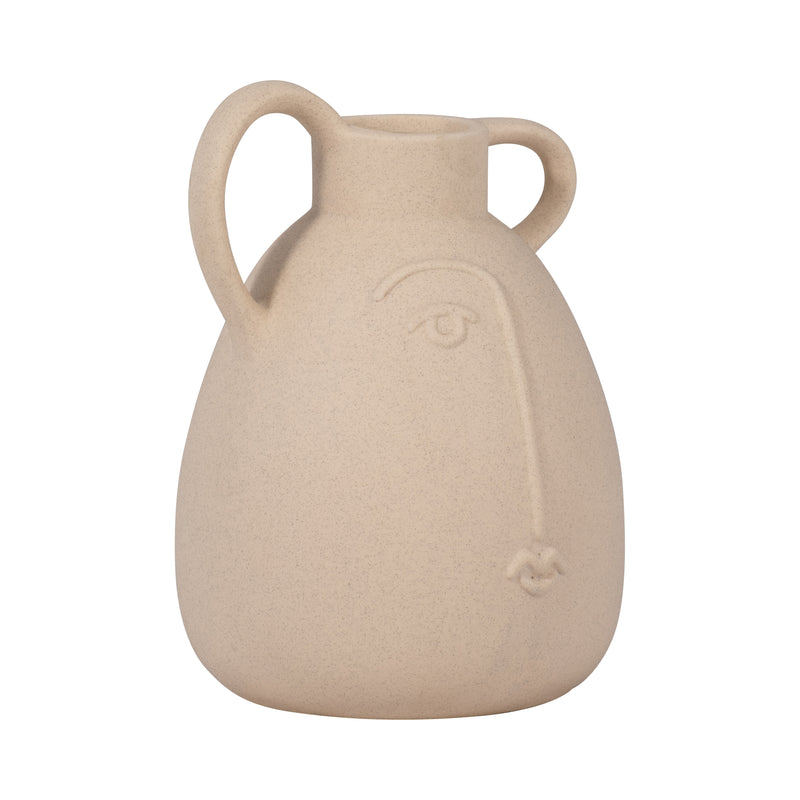 Cer, 8" Face Vase W/ Handles, Ivory