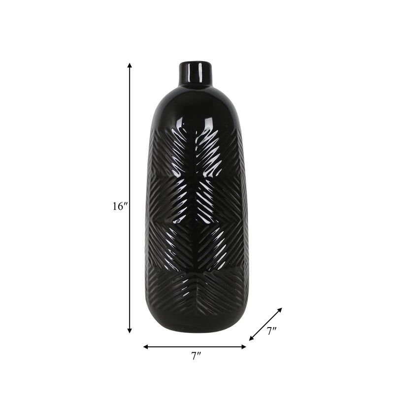 CER, 17" TEXTURED LINES VASE, BLACK