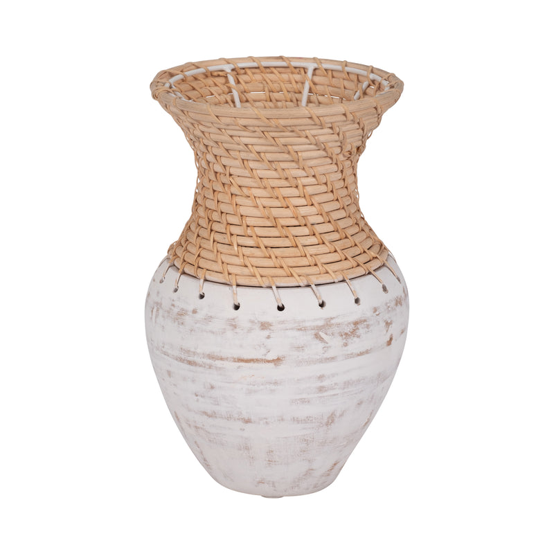 CLAY, 11" VASE WITH WOVEN TOP, WHITE/NATURAL