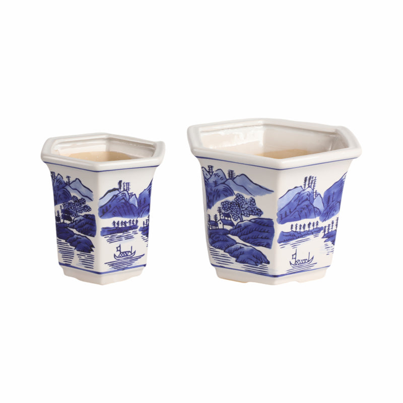 Cer, S/2 6/8" Chinoiserie Planters, Blue/white