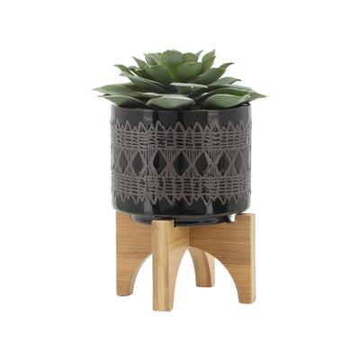 CER, S/2 5/8" AZTEC PLANTER ON WOODEN STAND, BLACK