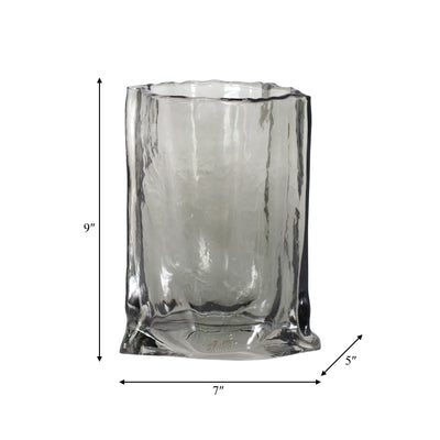 GLASS, 9" PAPER BAG VASE, SMOKE