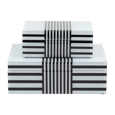 WOOD, S/2 8/11" STRIPED BOXES, BLACK/WHITE