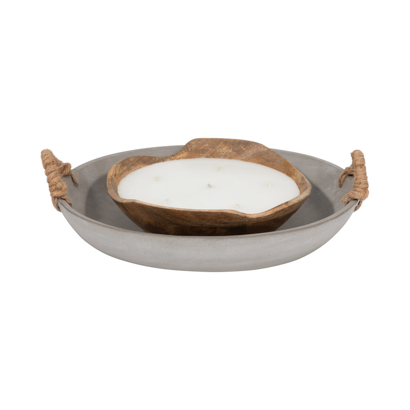 12" Cement Bowl W/ Woven Handles, Grey