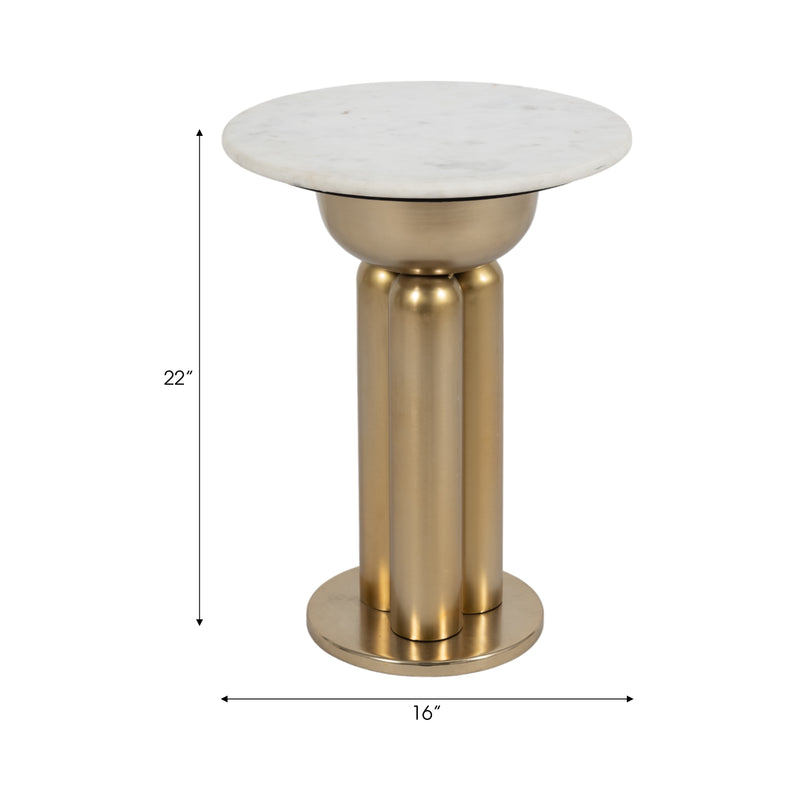 Metal, 22" Marble Top Side Table, Gold/white