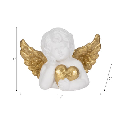 15" Garden Cherub With Heart, White/gold