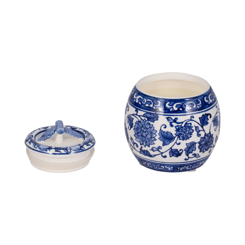 5" 8.5oz Peony Chinoiserie Lidded Candle, Blu/wht