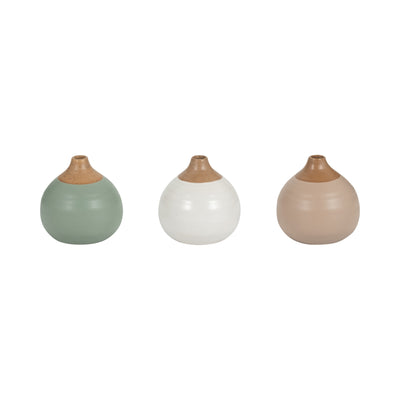 S/3 MATTE BUD VASES, CREME/DRK SAGE/COTTON WHITE