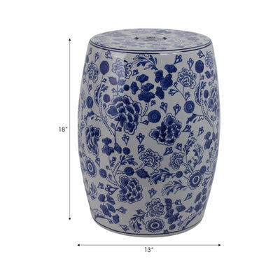 Cer, 18" Hydrangea Chinoiserie Stool, Blue/white