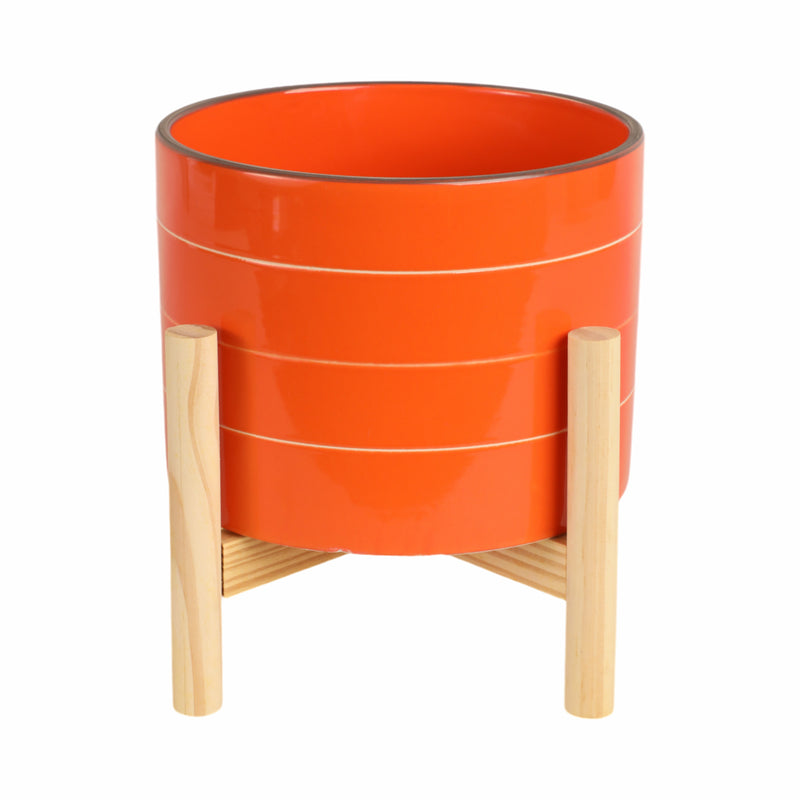 8" STRIPED PLANTER W/ WOOD STAND, ORANGE