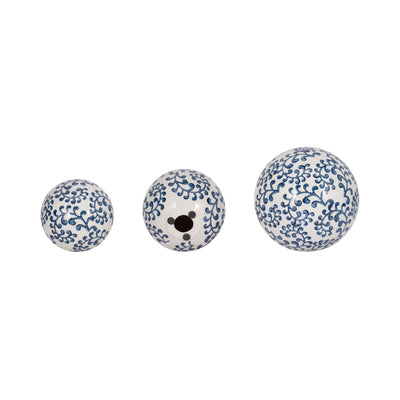 CER, S/3 CHINOISERIE FERN ORBS, 4/5/6" BLUE/WHT