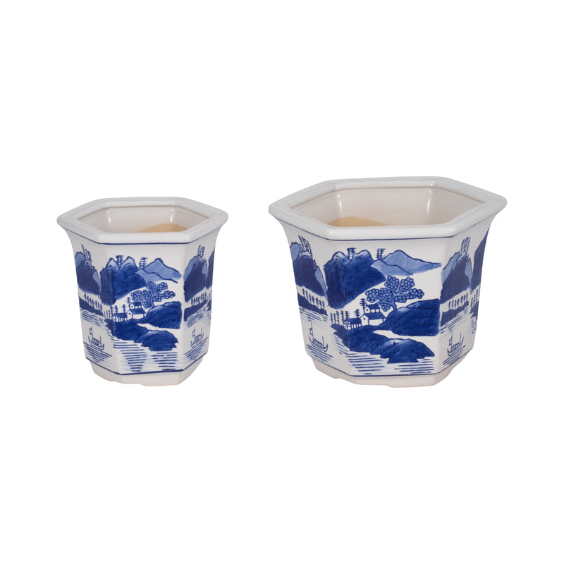 Cer, S/2 6/8" Fluted Chinoiserie Planters,blue/wht